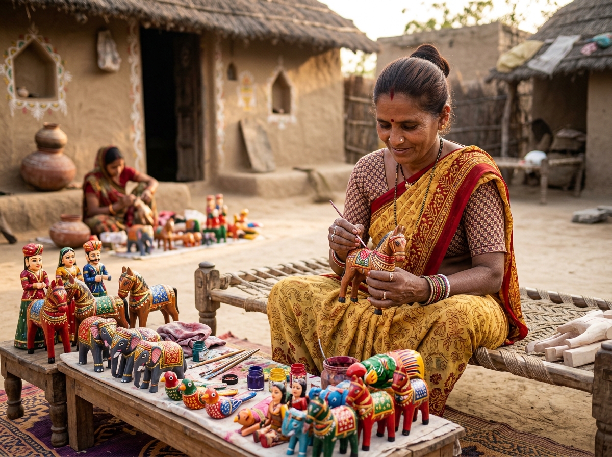 Artisan Woman Painting Traditional Wooden Toys